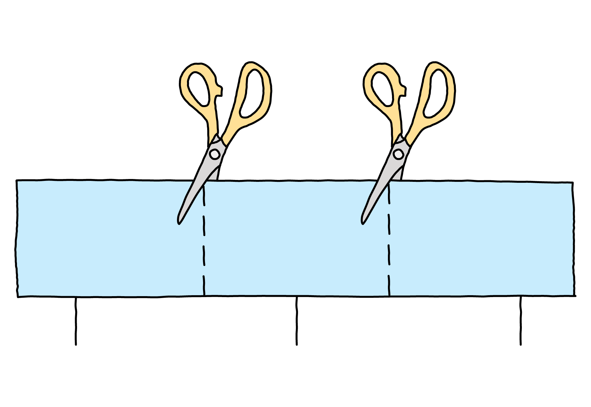 cartoon of a Matrix Product State (MPS) drawn as a strip of paper with scissors poised to cut at regular intervals